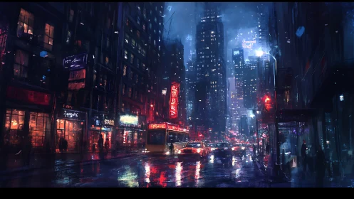 Rain-soaked neon city street glows under dense night traffic