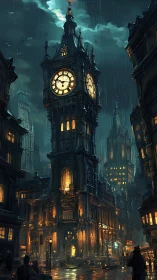 Neo-gothic clocktower cityscape in cinematic digital painting style.