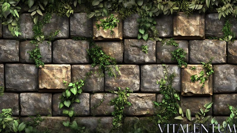 Stone block wall with climbing vegetation and foliage detail.