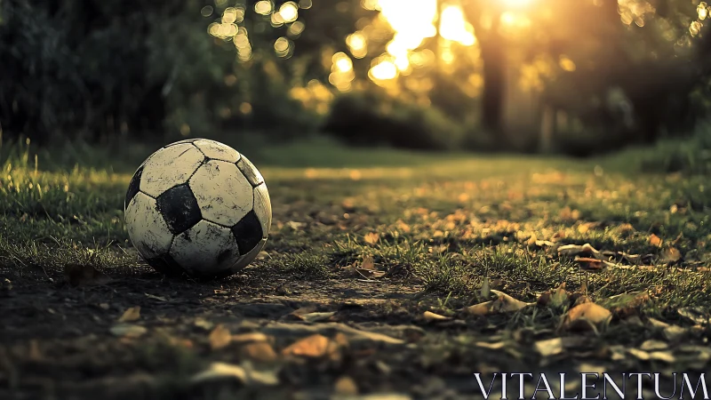 Weathered soccer ball rests in warm, fading evening light.
