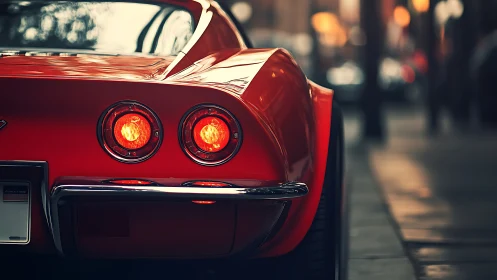 Rear-street red classic flaunts molten curves and glowing eyes.