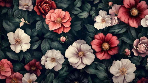 Romantic Floral Garden with Layered Blooms and Deep Green Foliage.