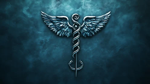 Metallic caduceus emblem rendered with high-gloss relief lighting