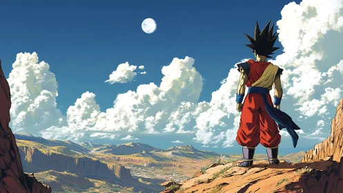 Anime warrior overlooks vast canyon under high midday moon