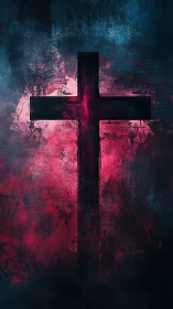 Crimson cross glowing softly in a storm of deep color.