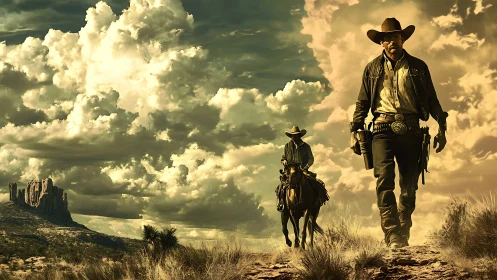 Sunlit cowboys stride under bold Western desert skies