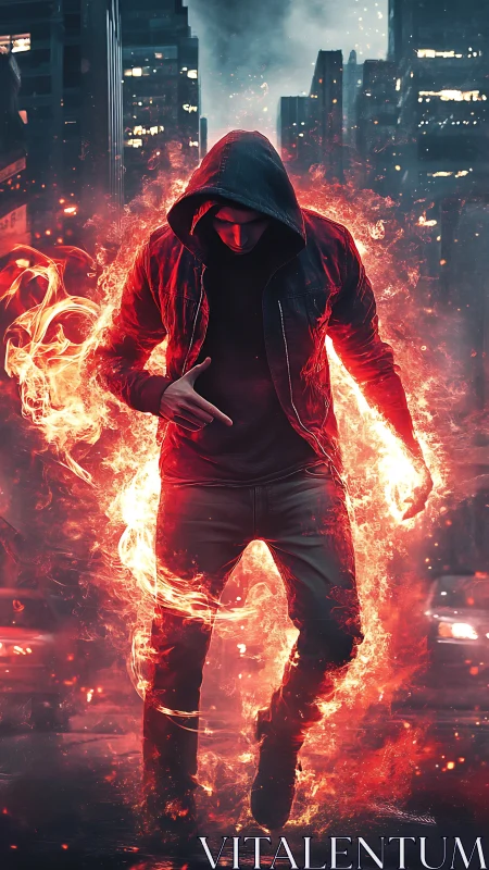 Hooded urban firewalker steps through city streets ablaze.