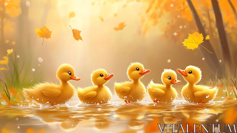 Golden duckling parade in glowing autumn shallows.