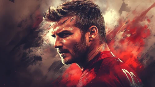 Profile portrait of male footballer in red jersey amid streaks