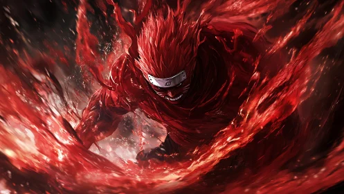Fiery anime warrior surging forward through scarlet storm.