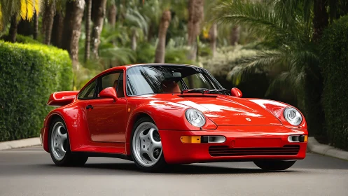 Red sports coupe under soft daylight amid lush palms.