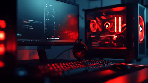 Cyberpunk workstation with luminous red RGB tower rig.