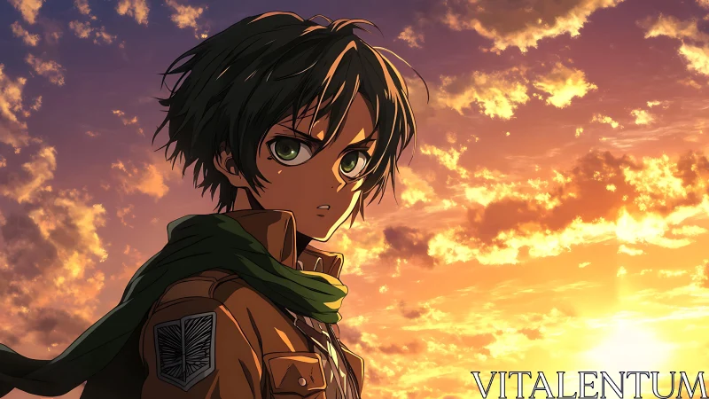 Anime soldier gazes over a blazing golden sunset sky.