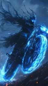 Shadowlike rider on blue energy motorcycle in storm scene.