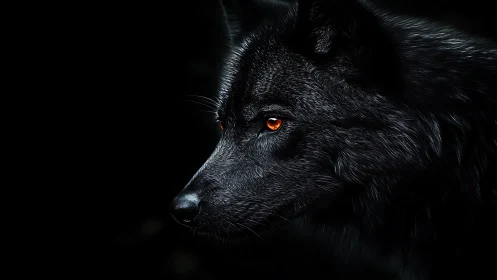 Digital chiaroscuro portrait of a black wolf in profile.