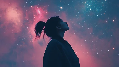 Stargazing dreamer adrift in neon pink and teal cosmos.