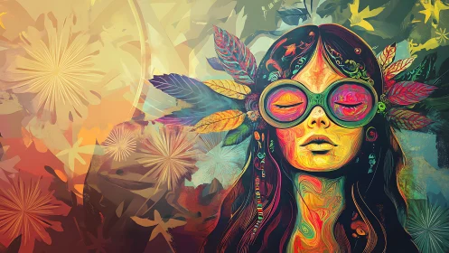 Psychedelic woman in goggles amid abstract floral bloom.