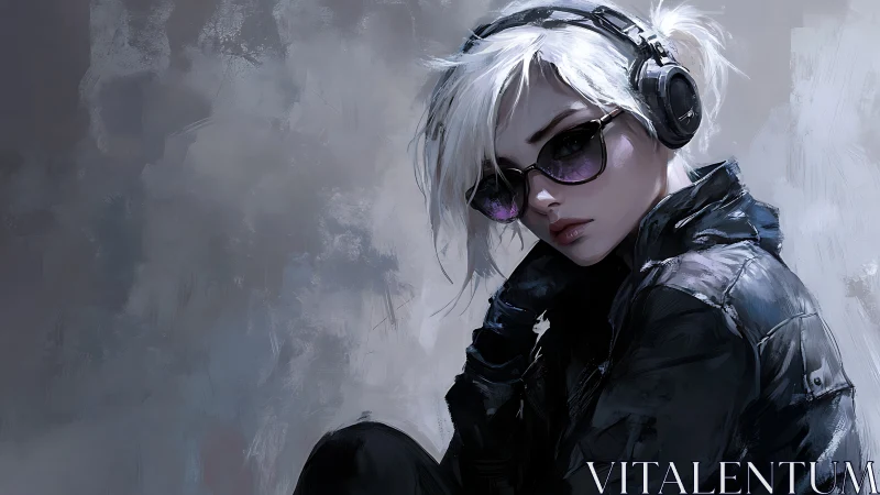 Headphoned figure with sunglasses sits against abstract wall