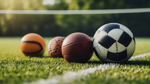 Sports balls rest on artificial turf in shallow depth focus