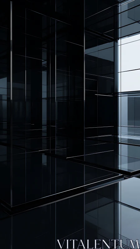 Dark glass geometric interior with sharp reflective planes.