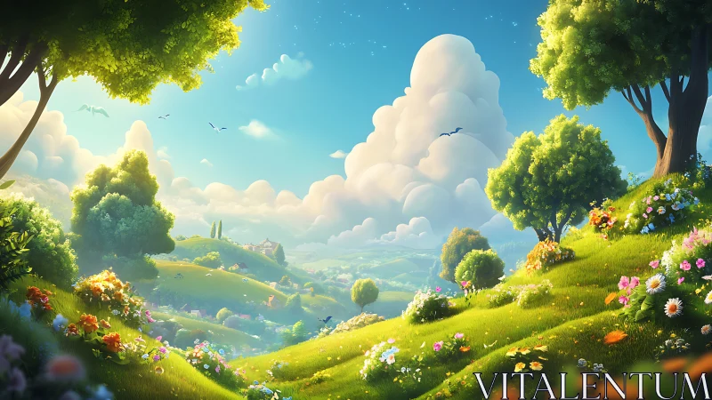Sunlit stylized valley with volumetric clouds and floral hillsides