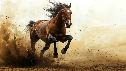 Dustborn thunderbolt stallion charging through desert air.