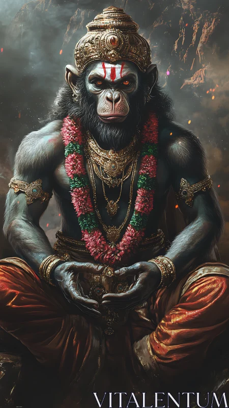 Regal monkey warrior sits in glowing armor and calm focus
