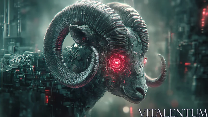 Mechanical ram head is rendered in a dense cybernetic environment