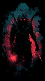 Hooded dual-wield assassin in bioluminescent cyan red haze