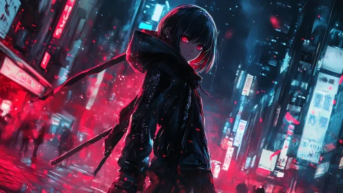 Dark hooded anime figure in neon red blue cyberpunk city.