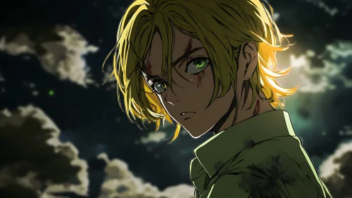 Blond anime figure with injuries under cloudy night sky.