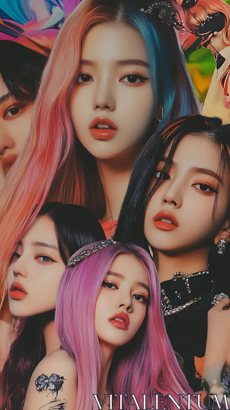 Vivid multi-portrait collage of stylized pastel-haired women.