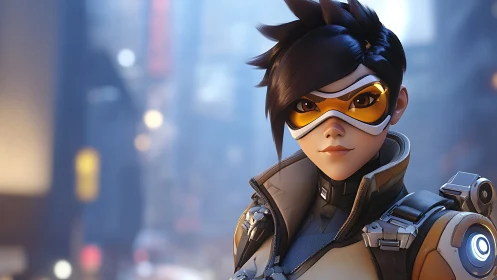 Confident sci fi heroine smiles softly in a neon city glow