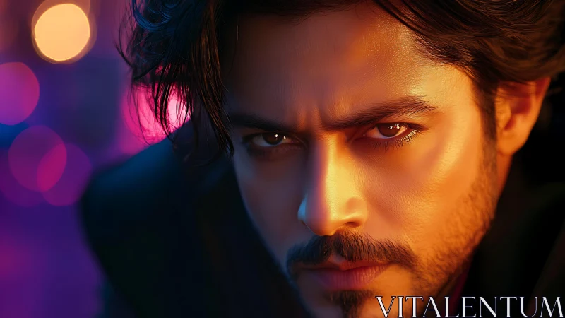 Brooding portrait in warm neon city glow at night.