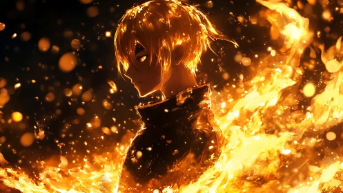 Luminous fire wielder standing calm in swirling golden flames.