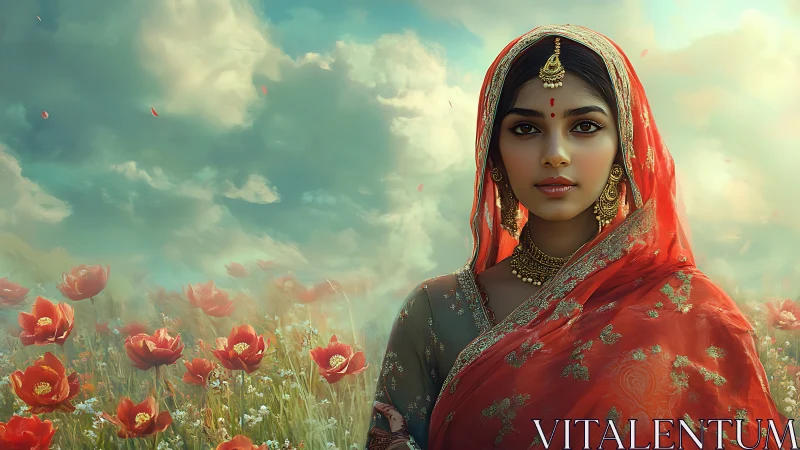 Portrait of a sari-clad woman in a luminous floral landscape
