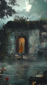 Monk in saffron robes steps into a softly glowing doorway.