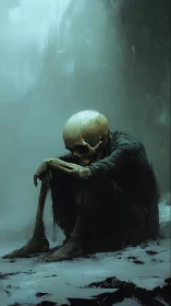 Solitary robed skeleton sits in a desolate frozen void