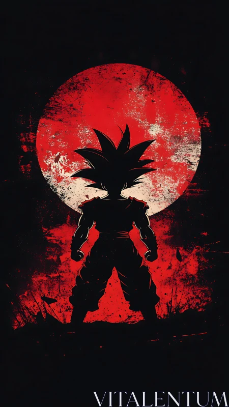 Silhouetted warrior ignites before a blood-red lunar blaze.