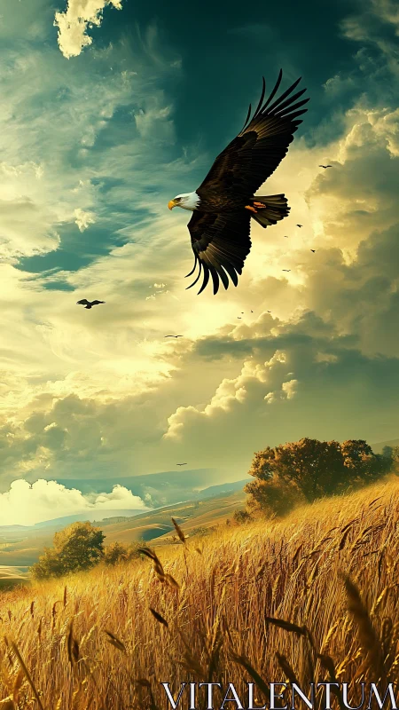 Bald eagle soaring over golden wheat fields at sunset.