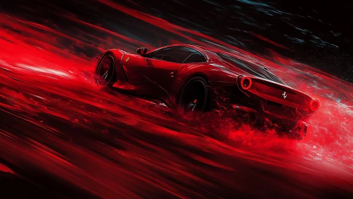 Flaming red supercar blasts through liquid light at speed.