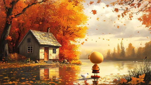 Autumn lakeside cabin with stylized figure under falling leaves