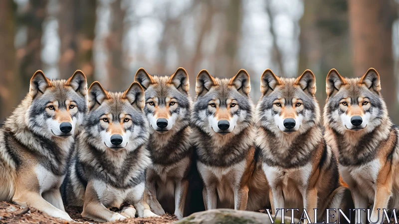 Row of six grey wolves posing alert in a forest clearing