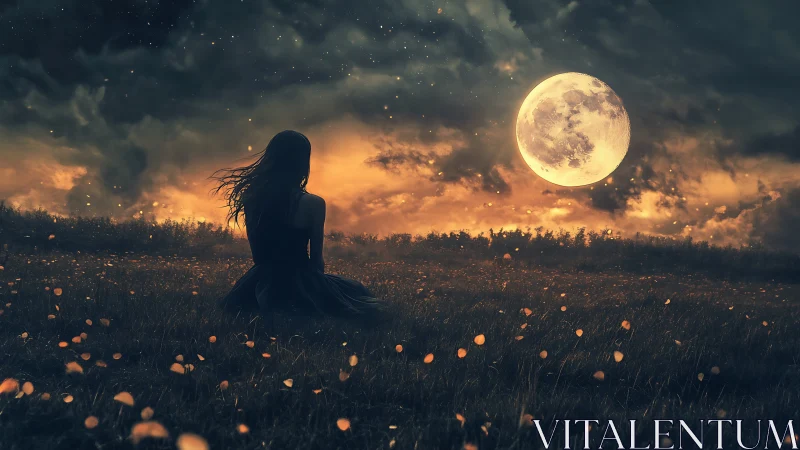 Solitary girl watching glowing full moon over meadow.