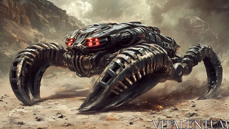 Futuristic crab-like war machine storms a dusty canyon.