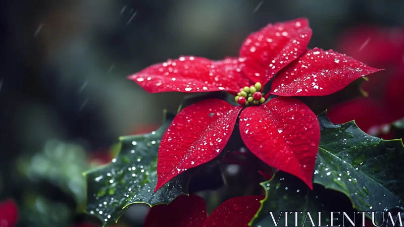 Macro poinsettia bracts with dew droplets in shallow focus