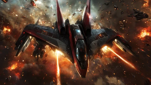 Starfighter cuts through dense space battle with weapons firing