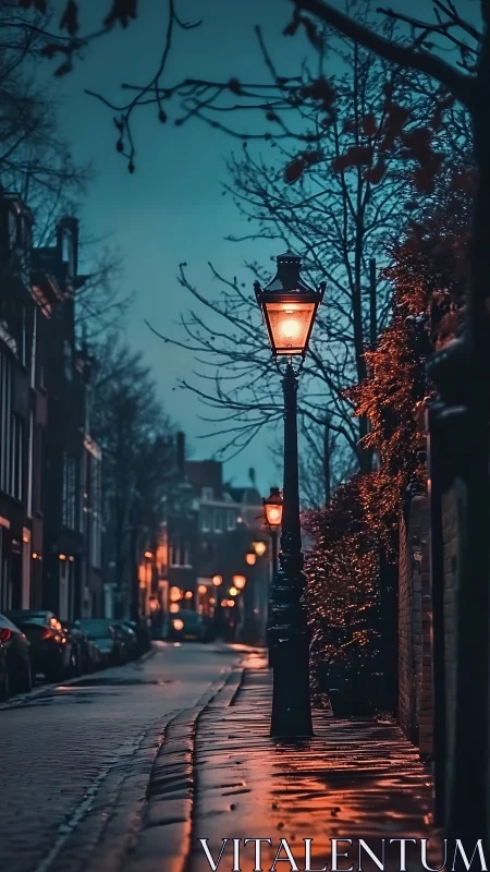Gentle lamplight guiding a quiet rainy evening street.