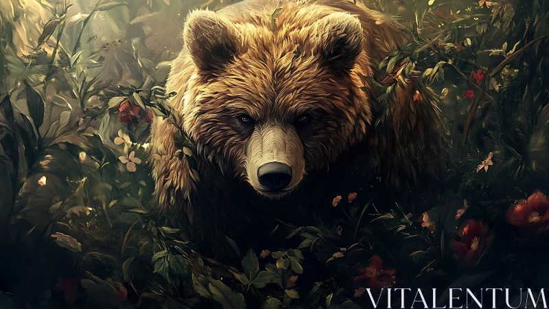 Gentle forest bear emerging from a secret garden of light.