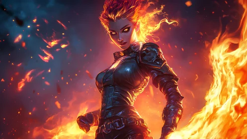 Fiery armored sorceress commands swirling inferno flames.